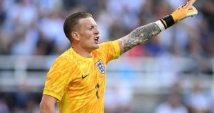 England Euro 2024 squad England goalkeeper Jordan Pickford reacts during the international friendly match between England and Bosnia & Herzegovina at St James