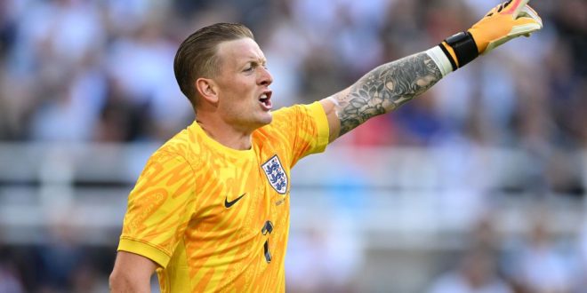 England Euro 2024 squad England goalkeeper Jordan Pickford reacts during the international friendly match between England and Bosnia & Herzegovina at St James