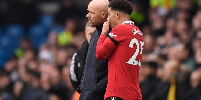 Erik ten Hag and Jadon Sancho at Manchester United in February 2023.