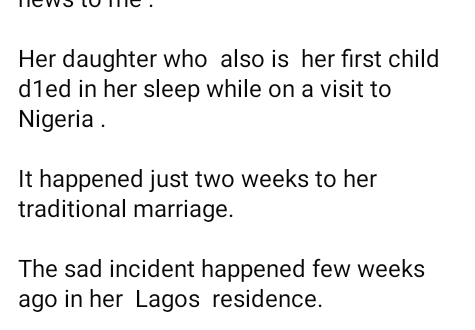 Nigerian woman dies in her sleep two weeks to her traditional wedding