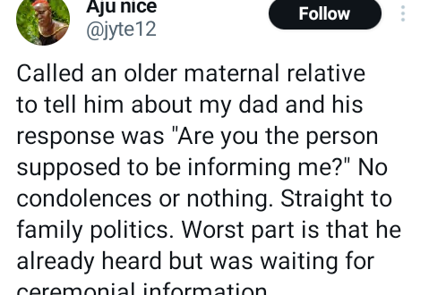 "No condolences. Straight to family politics" - Nigerian lady shares older relative