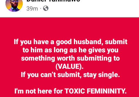 "No woman should submit to poverty and pain" - Nigerian man tells women to submit only to men who give them something of value