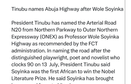 President Tinubu names Abuja Highway after Wole Soyinka