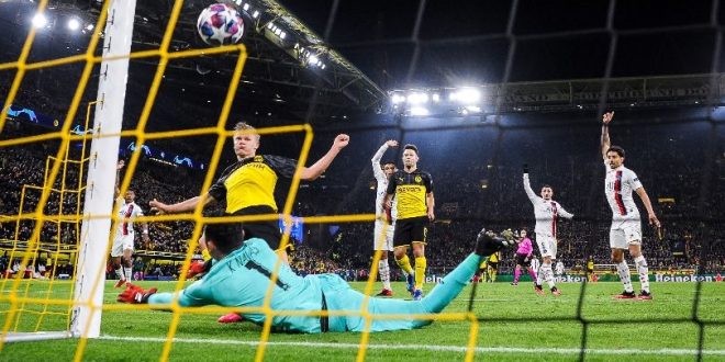 Borussia Dortmund score against Paris Saint-Germain in the Champions League in February 2020.