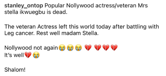 Sad! Veteran actress Stella Ikwuegbu dies