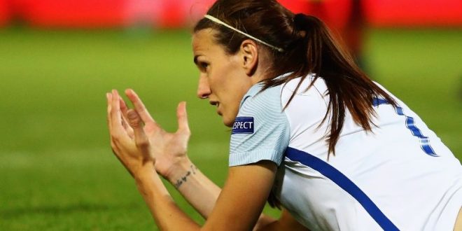 Jill Scott, England XI captain at Soccer Aid 2024, reacts after missing a chance for England