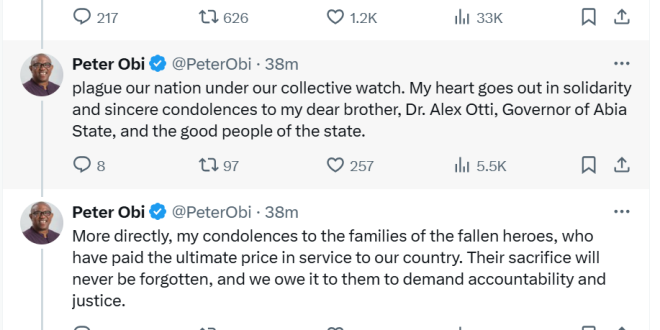 The continued brutality and bloodshed in our nation must be met with decisive action, not empty words - Peter Obi reacts to killing of soldiers by gunmen in Aba