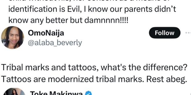 Toke Makinwa replies X user who knocked her over her stance on tribal marks