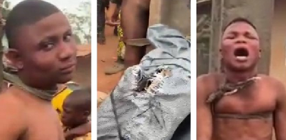 Two cable thieves beaten to pulp by residents, stripped and tied to electric pole in Ibadan