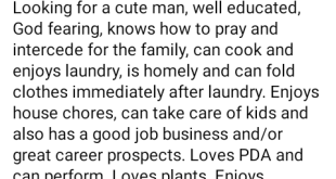 US-based Nigerian lady is seeking educated man who can cook, do laundry, enjoys house chores, loves PDA and can ?perform?