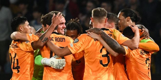 Netherlands players celebrate victory over Greece in a Euro 2024 qualifier in October 2023.