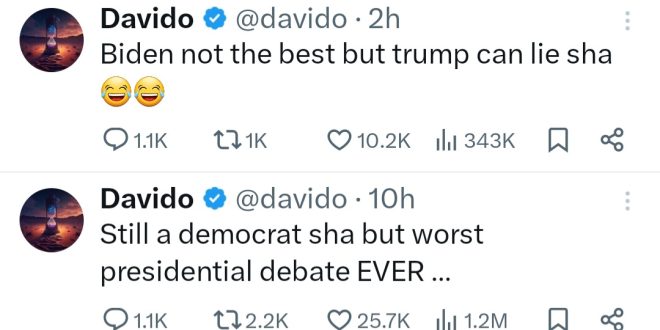 "Worst Presidential debate ever" Davido reacts to US Presidential debate as he reveals what he thinks of Trump