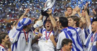 Greece players celebrate their Euro 2004 final win against Portugal in July 2004.