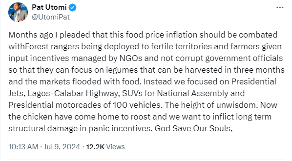 ''The height of unwisdom''- Pat Utomi slams Tinubu govt for focusing on Presidential Jets, Lagos-Calabar Highway, SUVs, rather than curbing food inflation