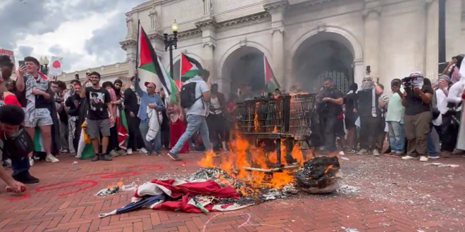 Anti-Israel Protesters Tear Down US Flags, Burn Them, Raise Palestinian Flags Blocks From Capitol