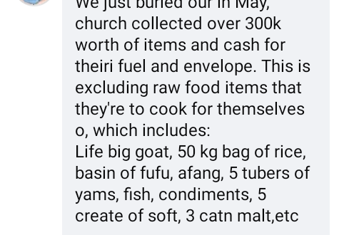 Church collected over N300k worth of items, cash, big goat, 50 kg bag of rice, tubers of yam, crates of drinks from us to conduct funeral - Nigerian lady says