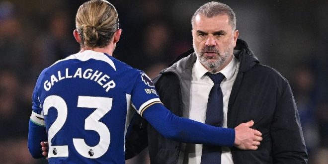 Chelsea midfielder Conor Gallagher and Tottenham manager Ange Postecoglou share a moment after a London derby between the two teams in May 2024.