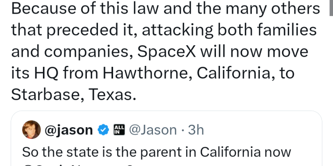 Elon musk moves his company HQ from California to Texas in response to new law banning schools from telling parents their child is tr@nsg3nder