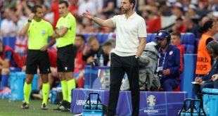 England Euro 2024 squad Gareth Southgate, Head Coach of England, gestures during the UEFA EURO 2024 round of 16 match between England and Slovakia at Arena AufSchalke on June 30, 2024 in Gelsenkirchen, Germany. (Photo by Richard Pelham/Getty Images)