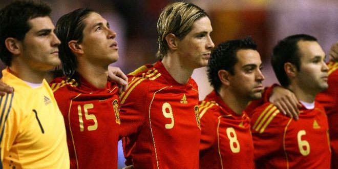 Iker Casillas, Sergio Ramos, Fernando Torres, Xavi and Andres Iniesta line up for Spain ahead of a friendly against England in February 2009.