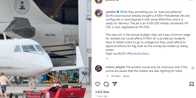 FG bought a $100million (N150billion) Presidential jet while asking Nigerians to exercise patience - Sowore calls out FG over alleged purchase of Private Jet