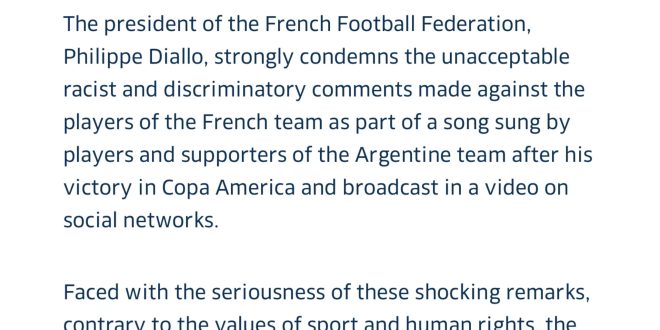 French Football Federation taking Argentine Football Federation to court over rac!st chants aimed at French footballers (video)