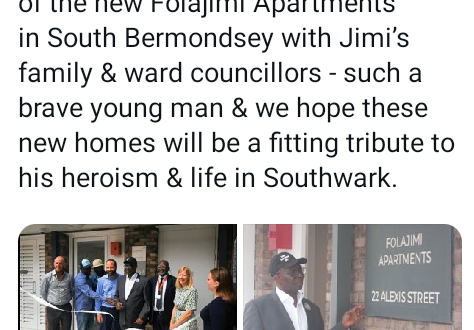 Homes named after British-Nigerian man, Folajimi Olubunmi-Adewole who died while trying to rescue woman drowning in Thames unveiled