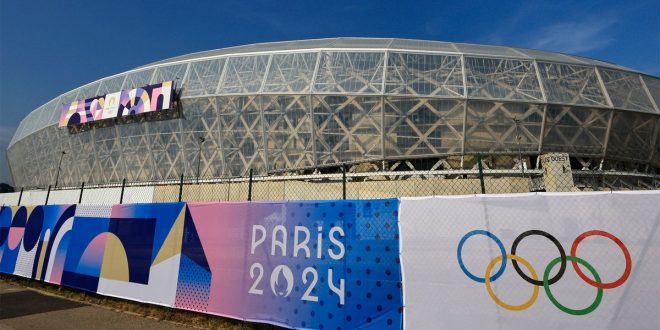 The Nice Stadium with the Olympics logo, one of the venues for the football tournament at Paris 2024.