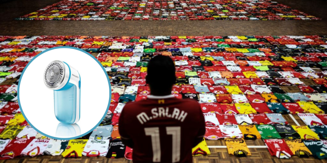 fan of the Liverpool football team stands in-front of the 1278 jerseys displayed side by side on the floor during the Malaysia Book of Records event for the most number jerseys on display of a single team in Kuala Lumpur on April 11, 2018. Malaysia Book of Records announced 1,278 Liverpool jersey from collectors around Malaysia