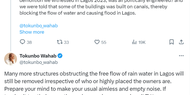 Lagos State Commissioner vows to remove more structures blocking rainwater flow