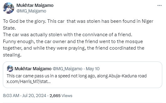 Man coordinates stealing of his friend?s car while they prayed together in a Mosque in Abuja