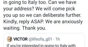 NAPTIP reacts to post by X user looking for people interested in going to Italy with him
