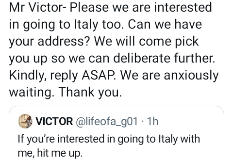 NAPTIP reacts to post by X user looking for people interested in going to Italy with him