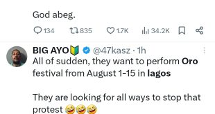 "No Oro ceremony will stop Nigerians from protesting" Nigerians react to announcement Oro festival will hold from August 1-15
