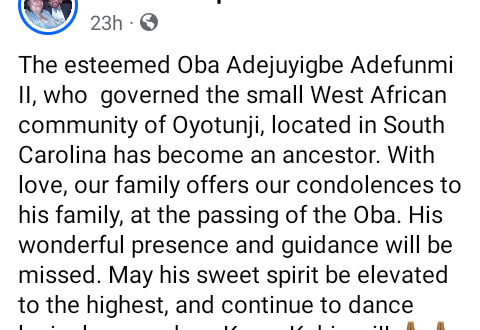 Oba Adejuyigbe Adefunmi II of Oyotunji African village in US allegedly stabbed to d*ath by his sister