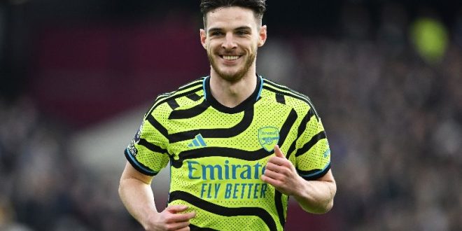 Declan Rice in action for Arsenal against his former club West Ham at the London Stadium in February 2024.