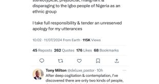 RCCG Pastor apologises after old tweets of him making disparaging comments about Igbos surfaced