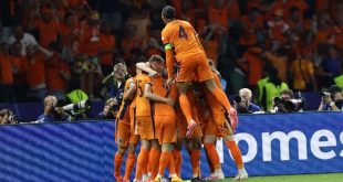 The Netherlands celebrate a goal against Turkey at Euro 2024 and will face England next after their quarter-final win.