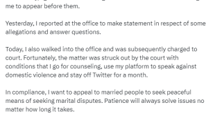 ??The matter was struck out by the court with conditions that I go for counseling and stay off Twitter for a month