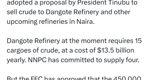 Tinubu approves selling Crude Oil To Dangote and other local refineries in Naira