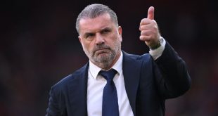 Ange Postecoglou gestures to the Tottenham fans after defeat at Liverpool in May 2024.