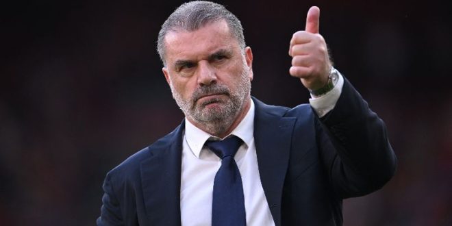 Ange Postecoglou gestures to the Tottenham fans after defeat at Liverpool in May 2024.