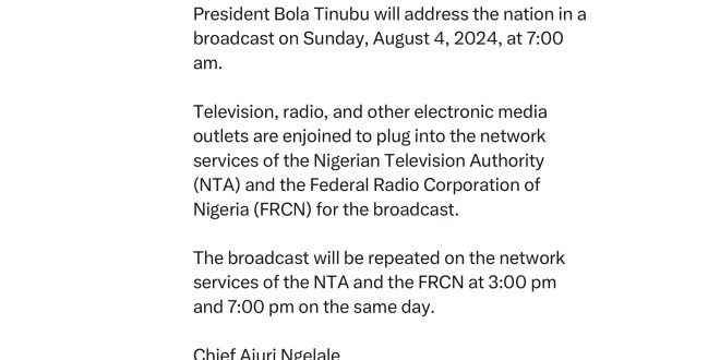 #Endbadgovernance protest: President Tinubu to address Nigerians on Sunday