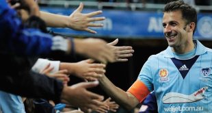 Alessandro Del Piero acknowledges the Sydney FC fans after victory afainst Wellington Phoenix in April 2014.