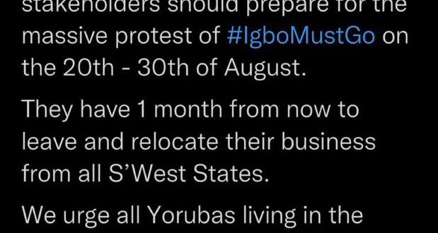 Lagos state govt distances self from campaign for the forced relocation of  Igbos from the state; calls for arrest and prosecution of those behind it
