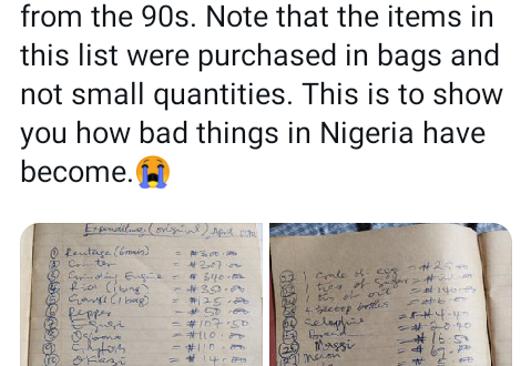 Nigerian man shares a shopping list from the 90s with prices of food items