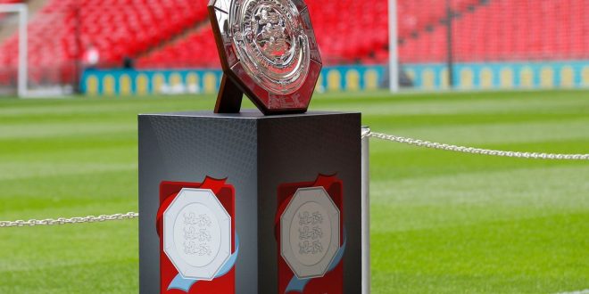 The Community Shield on display at Wembley Stadium, August 2019