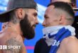 Anthony Cacace and Josh Warrington face off at Friday's weigh-in at Trafalgar Square