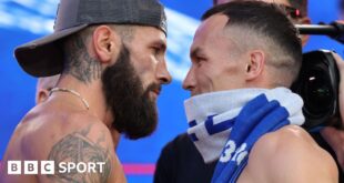 Anthony Cacace and Josh Warrington face off at Friday's weigh-in at Trafalgar Square