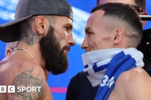 Anthony Cacace and Josh Warrington face off at Friday's weigh-in at Trafalgar Square